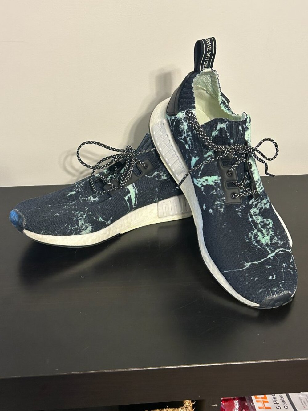 ADIDAS NMD R1  Sz 12 Marble Black Aero Green Primeknit Low Top Sneaker